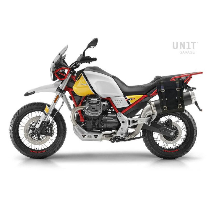 Sacoche latérale en cuir suédé cirée et cadre Unit Garage pour Moto-Guzzi V85TT 1